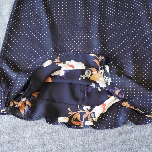 Dark Floral Print Midi Skirt Ruffle Hem Polka Dot Lined Vintage Style REVERSIBLE - Picture 6 of 8
